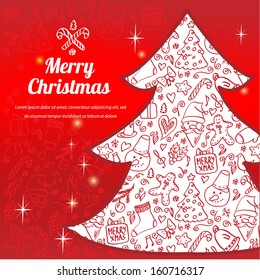 Vector illustration of red Christmas tree, doodle pattern? hand drawn