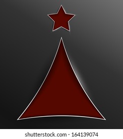 Vector illustration of red Christmas tree with star cut out of paper with realistic shadow 