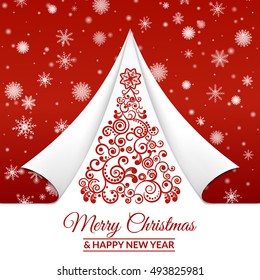 vector illustration. red christmas tree decorated with a delicate pattern on a cut sheet of paper. Snowflakes, snow. Design for card, invitation, banner, poster.