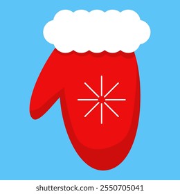 Vector illustration of a red Christmas winter glove of Santa with a white star on a blue background