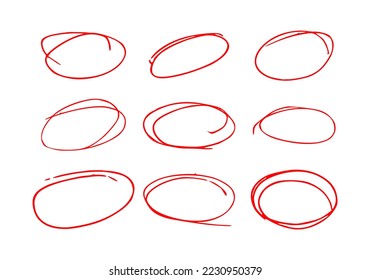 Ilustración vectorial de una pluma de círculo rojo dibujada sobre un fondo blanco, resaltado del círculo rojo dibujado a mano.