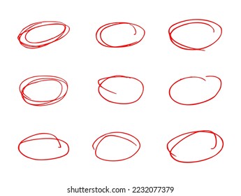 Vector illustration of a red circle pen drawn set on a white background, hand drawn red circle highlight.