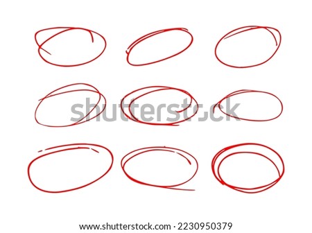 Vector illustration of a red circle pen drawn set on a white background, hand drawn red circle highlight.