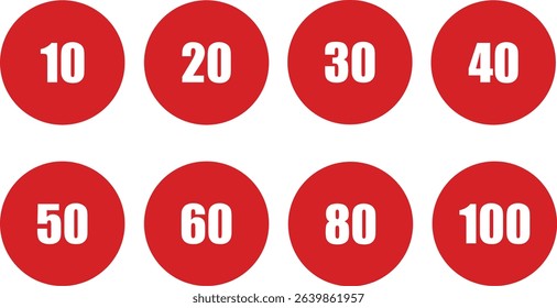 Vector illustration of a red circular speed limit sign with bold white text, representing a speed limit kmh maximum speed. Suitable for road safety graphics, driving instruction, transportation signal