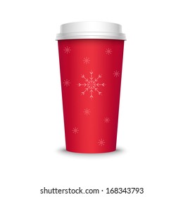 Vector illustration of red coffee cup with snowflakes, isolated on white