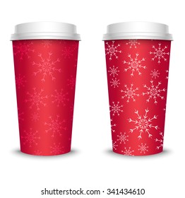 Vector illustration of red coffee cup with snowflakes, isolated on white background. Perfect for Christmas or New Year design.