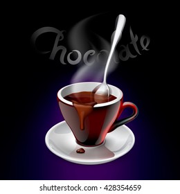 Vector illustration of red coffee cup on a saucer filled with hot chocolate. Perfect for pack, print design, poster, menu, web banner, advertising and more