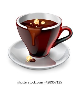 Vector illustration of red coffee cup on a saucer filled with hot chocolate and nuts. Perfect for pack, print design, poster, menu, web banner, advertising and more