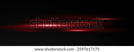 Vector illustration of red color, abstract laser speed lines. Glare, horizontal light rays png. Glowing linear background.