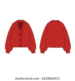 Vector illustration of red color cardigan with buttons, front and back view. Drawstring sweater with long sleeves, c-shaped neckline with 3 buttons. Sketch of a basic knit sweater for women.