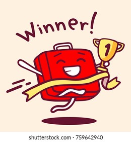 Vector illustration of red color character suitcase with a winner's cup in hands on light background. Win in competitions sticker. Doodle style. Flat line art style design of cool character