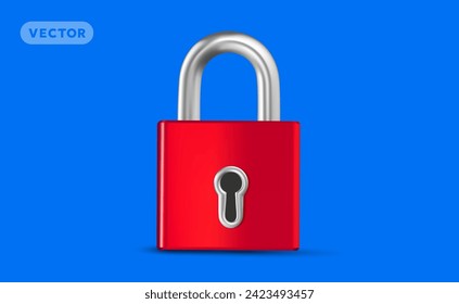 Vector illustration of red color closed lock on blue background. 3d style design of metallic shine padlock for web, site, banner, poster