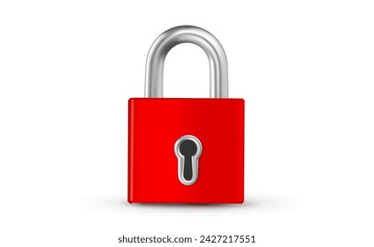 Vector illustration of red color closed lock on white background. 3d style design of metallic shine padlock for web, site, banner, poster