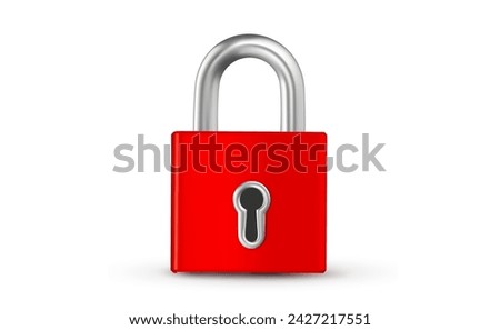Vector illustration of red color closed lock on white background. 3d style design of metallic shine padlock for web, site, banner, poster