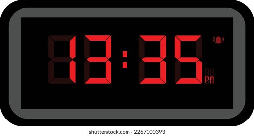 Vector illustration of red color digital clock at 13.35 pm