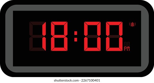 Ilustración vectorial del reloj digital de color rojo a las 18.00 pm