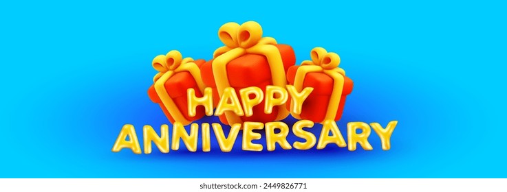 Vector illustration of red color gift box with golden ribbon and word happy anniversary. 3d style holiday romantic design of present and text on blue color background for web, site, banner, card