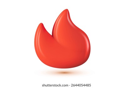 Vector illustration of red color glossy emoji fire. 3d cartoon style design of burning flame of fire on white background. Bonfire or campfire flame symbol for web, banner, poster, network