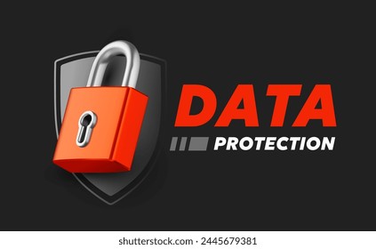 Ilustración vectorial de candado de color rojo y escudo de seguridad negro con protección de datos de palabra sobre fondo negro. Diseño de Plantilla de estilo 3d de candado y escudo de brillo metálico para Web, sitio, Anuncio