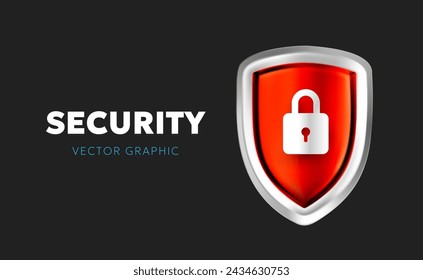 Ilustración vectorial de escudo de seguridad de color rojo con candado sobre fondo negro. Diseño de plantilla de estilo 3d de escudo de brillo metálico y candado con texto para web, sitio, banner, póster