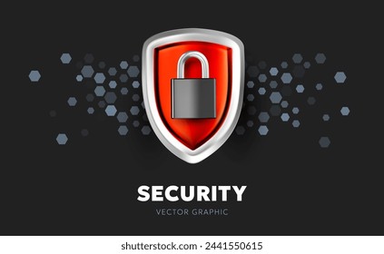 Vector illustration of red color security shield with padlock on black background with word security. 3d style template design of metallic shine shield and padlock for web, site, banner, poster