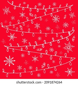 Ilustración vectorial de color rojo con copos de nieve blancos, dibujados a mano. Antecedentes de volantes de Navidad y Año Nuevo, afiches, tarjetas, papel envolvente. Ilustración elegante en colores de moda.