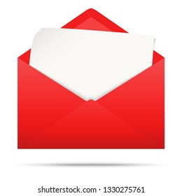 vector illustration with red colored envelope with white empty paper isolated on white background