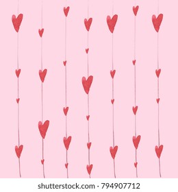 Vector illustration of red colored hearts on vertical lines placed on pink background. 