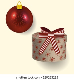 Vector illustration in red colors Christmas gift with bow and tree ball reflecting New year lights