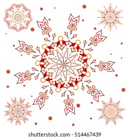 Vector illustration in red colors on white background. 5 snowflakes winter New Year frame.