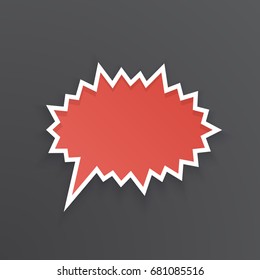 Vector illustration. Red comic speech bubble for scream at prickly shape with white contour. Empty shape in flat style for chat dialogs. Isolated on black background