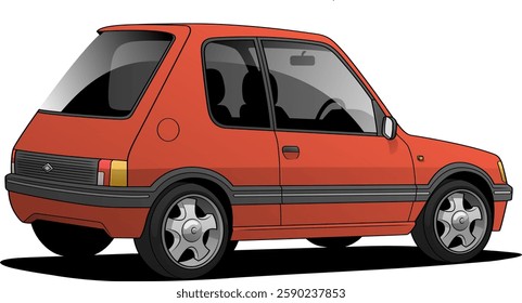 Vector illustration of a red compact hatchback car with black-tinted windows, a black side stripe, and silver alloy wheels