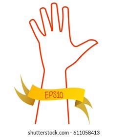 Vector illustration of a red contour of open hand with a yellow ribbon for writing on a white background