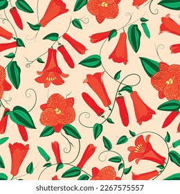 Vector illustration. Red copihue flowers on light peach background seamless repeat pattern. Best for wall paper, packaging and home decor.