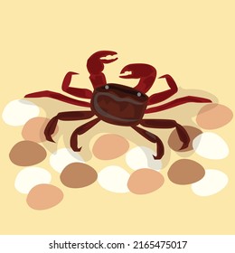 Vector illustration of a red crab sitting on a stone on a brown background.