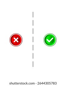Vector illustration of red cross and green check mark with glossy buttons and dividing line. Suitable for indicating approval and rejection in design and illustrations.

