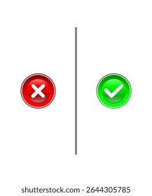 Vector illustration of red cross and green check mark with glossy buttons and dividing line. Suitable for indicating approval and rejection in design and illustrations.

