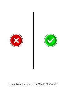 Vector illustration of red cross and green check mark with glossy buttons and dividing line. Suitable for indicating approval and rejection in design and illustrations.

