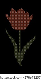 Vector illustration of a red cross stitch tulip with green stem and leaves on a black background.