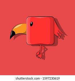 vector illustration of a red cube-shaped kawaii bird standing with a sharp humpback beak standing with a leg pressed on a red background