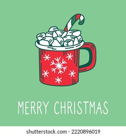 Vector illustration of a red cup of hot cocoa with marshmallows and a candy cane in the doodle style. Morning drink. Flat design. Isolated on a green background. New Year's holiday and Christmas mood.