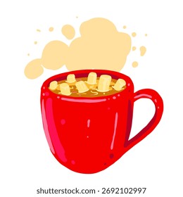 Vector illustration of a red cup with hot cocoa and marshmallows. Hand drawn warm winter drink isolated on white background.