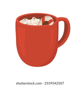 Vector illustration with red cup of winter drink. Image of hot chocolate with cream and lollipop. Logo and icon for coffee shop isolated on white background