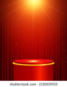 Vector illustration red curtain background with shining sparkle stage podium for design