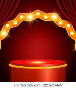 Ilustración vectorial fondo de cortina roja y arco brillante con podio escénico brillante para el diseño