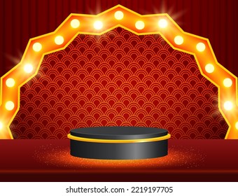 Ilustración vectorial fondo de cortina roja con podio de escenario negro y arco brillante para el diseño