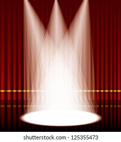 Vector illustration of a red curtain stage with lights.