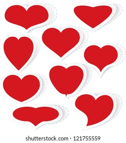 Vector illustration of red cut out of paper stickers different shapes of heart