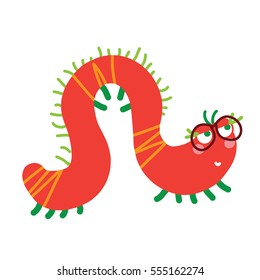 A vector illustration of red cute caterpillar, lady centipede in glasses. Cartoon character.