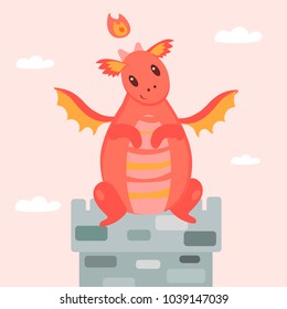 vector illustration of a red cute dragon on a tower and on a pink background